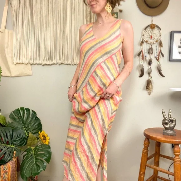 J Jill Lotus Love Linen Striped Sleeveless Maxi Dress Small